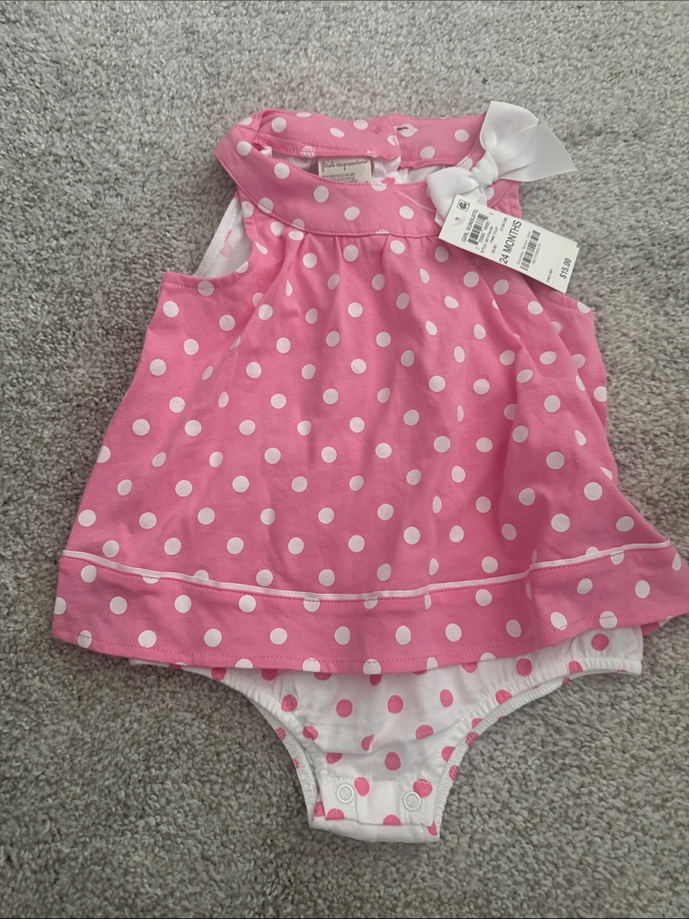 NWT  Pink and White Polka Dot Dress-Style Onesie with Bow